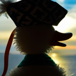 i want picture of the duck with sails hat on the see and sunshine is behind