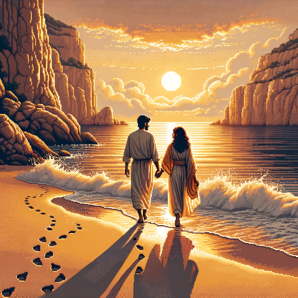 A romantic couple, a man and a woman, walking hand in hand on a sandy beach with dramatic rocky cliffs in the background, golden sunset light reflecting on the water, calm waves, footprints in the sand, cinematic atmosphere, ultra-realistic, 8k detail, warm tones.