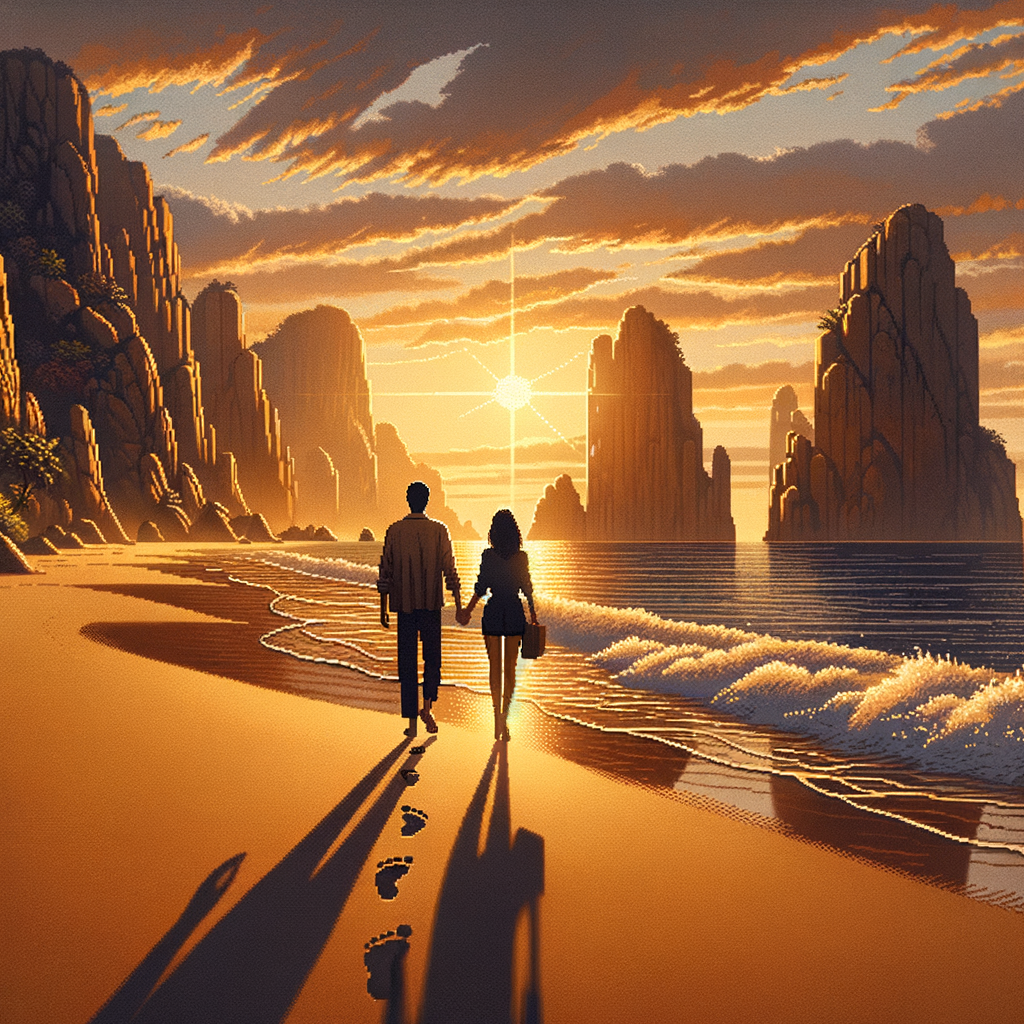 A romantic couple, a man and a woman, walking hand in hand on a sandy beach with dramatic rocky cliffs in the background, golden sunset light reflecting on the water, calm waves, footprints in the sand, cinematic atmosphere, ultra-realistic, 8k detail, warm tones.Realist like a photo