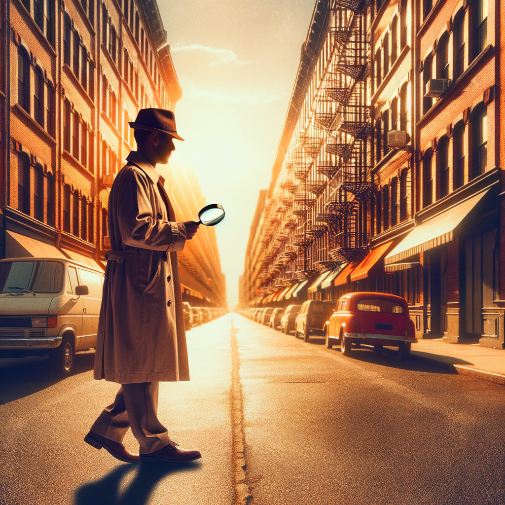Vreau o poza de cinema cu un detectiv care poarta o lupa si merge pe o strada cu blocuri