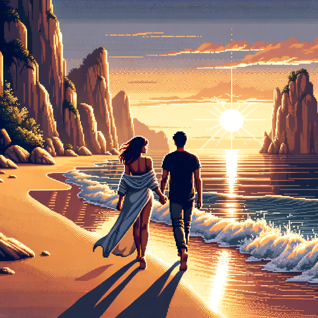 A romantic couple, a man and a woman, walking hand in hand on a sandy beach with rocky cliffs in the background, beautiful sunset light reflecting on the water, calm waves, Picture atmosphere, ultra-realistic, 8k detail, warm tones.Realist like a photo