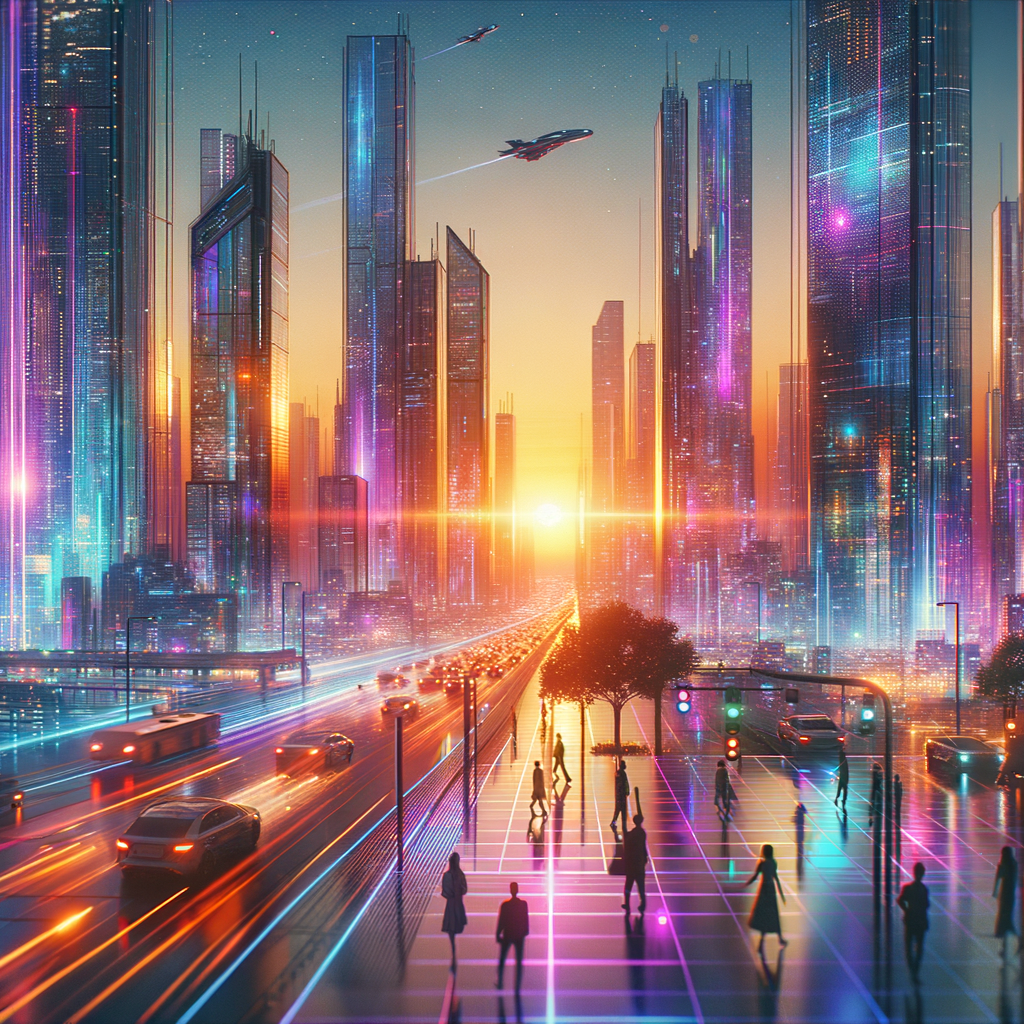 Create a short cinematic video of a futuristic city at sunset. Neon lights reflect on the glass skyscrapers, flying cars move smoothly through the sky, and people in modern clothing walk on glowing streets. The atmosphere feels vibrant, optimistic, and full of energy. Add smooth camera movements and a warm color palette with shades of orange, purple, and blue