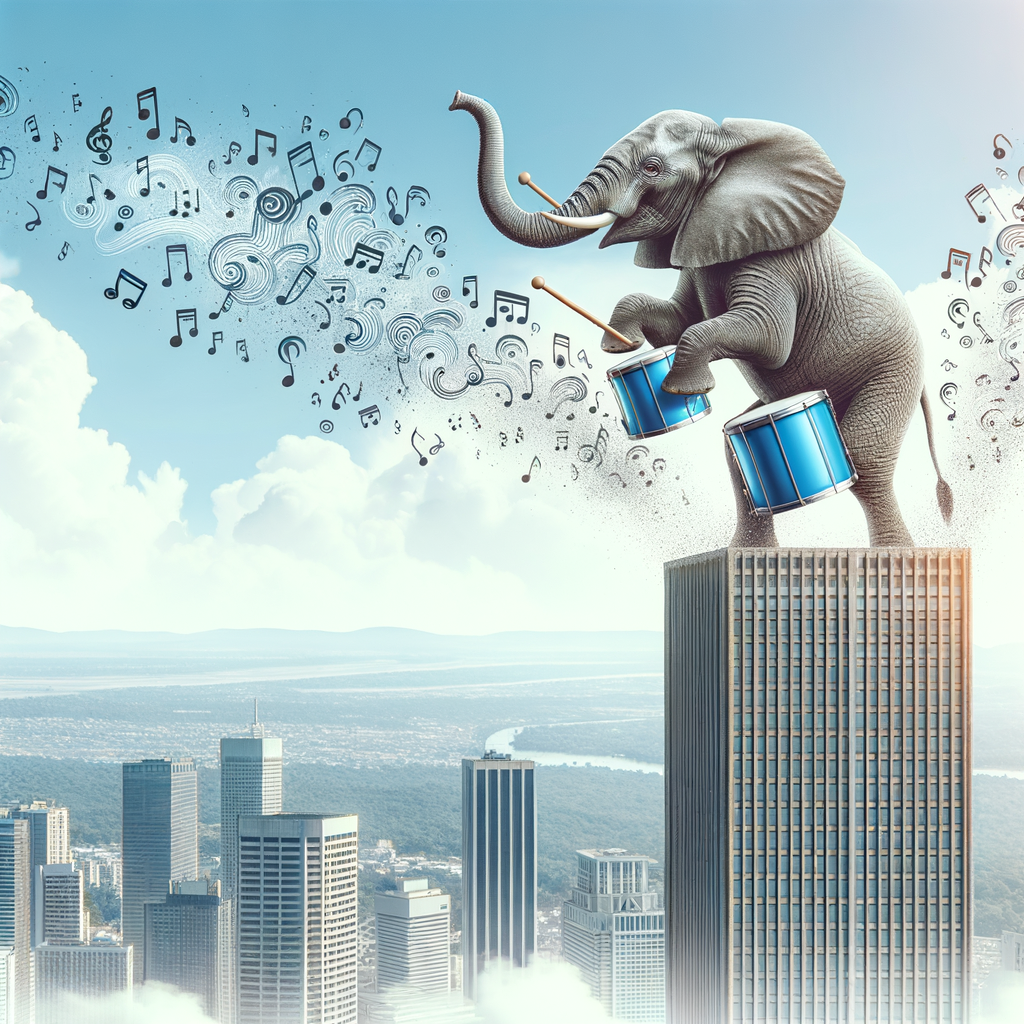 Vreau o poza cu un elefant care sta pe un bloc turn si canta la toba