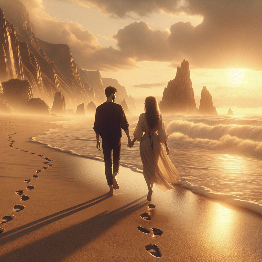 A romantic couple, a man and a woman, walking hand in hand on a sandy beach with dramatic rocky cliffs in the background, golden sunset light reflecting on the water, calm waves, footprints in the sand, cinematic atmosphere, ultra-realistic, 8k detail, warm tones.oil painting, impressionist style, vivid brushstrokes