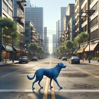 un caine albastru merge pe strada