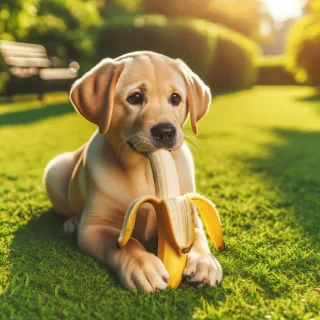 a dog eating a banana