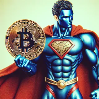Superman with a BTC coin in hands