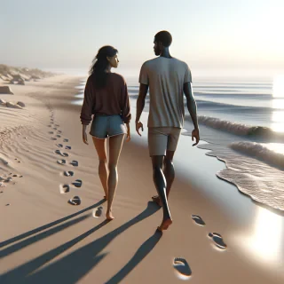 a man and a woman walks on the beach