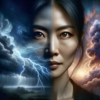 self-portrait of a woman, lightning in the background,realistic