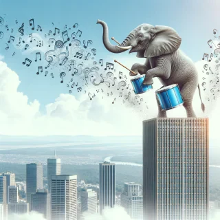 Vreau o poza cu un elefant care sta pe un bloc turn si canta la toba