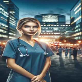 a beautiful woman standing in front of hospital