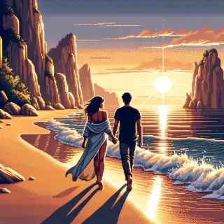 A romantic couple, a man and a woman, walking hand in hand on a sandy beach with rocky cliffs in the background, beautiful sunset light reflecting on the water, calm waves, Picture atmosphere, ultra-realistic, 8k detail, warm tones.Realist like a photo