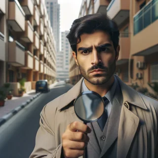 Vreau o poza de cinema cu un detectiv care poarta o lupa si merge pe o strada cu blocuri