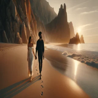 A romantic couple, a man and a woman, walking hand in hand on a sandy beach with dramatic rocky cliffs in the background, golden sunset light reflecting on the water, calm waves, footprints in the sand, cinematic atmosphere, ultra-realistic, 8k detail, warm tones.photorealistic, DSLR quality, shallow depth of field