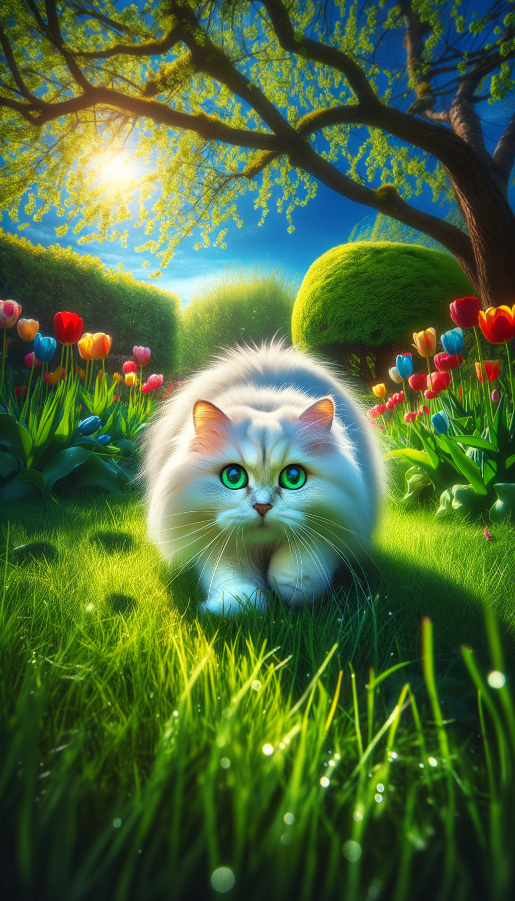 a white cat playing in a garden